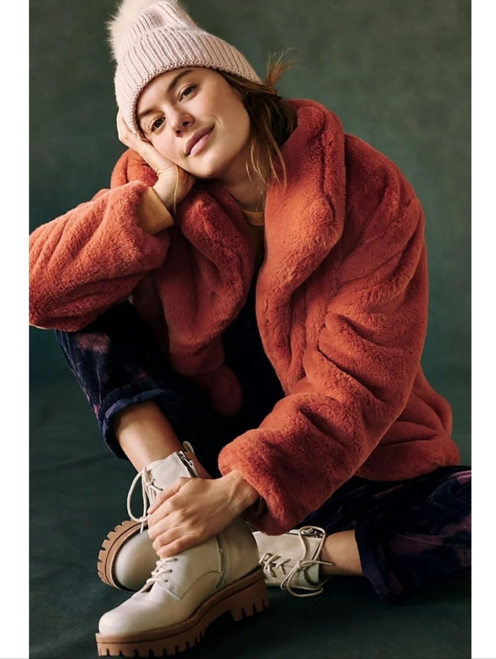 Anthropologie Plush Faux Fur Teddy Jacket in Burnt Orange Snap Front Cozy Fall